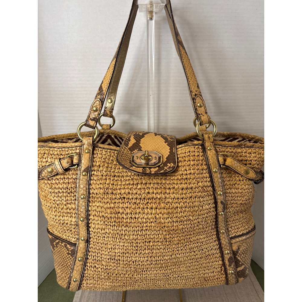 Coach Straw Tote Bag Snakeskin Trim Zebra Print Lining Gold Hardware Tan